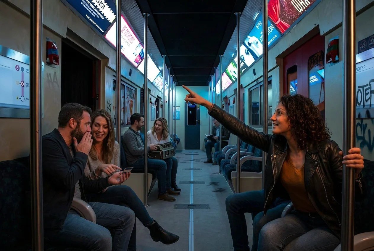 Players inside a Paris escape room set, metro carriage decor