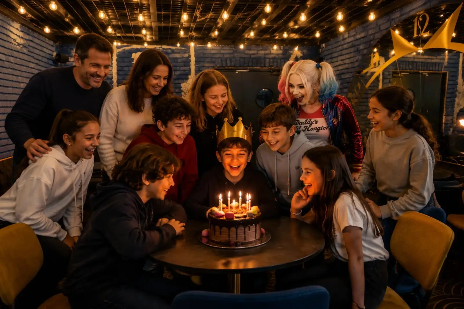 Anniversaire d'enfant chez Batman Escape a Paris : gateau et bougies avec Harley Quinn
