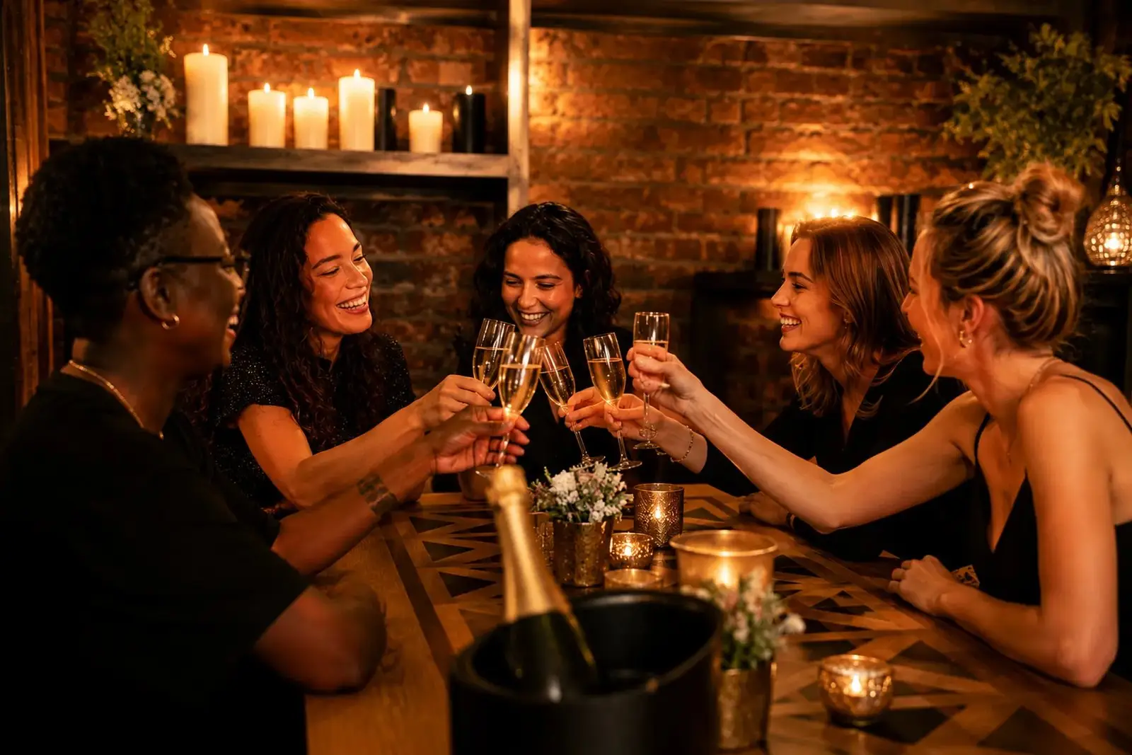 Groupe de femmes trinquant au champagne apres un escape game a Paris, ambiance EVJF